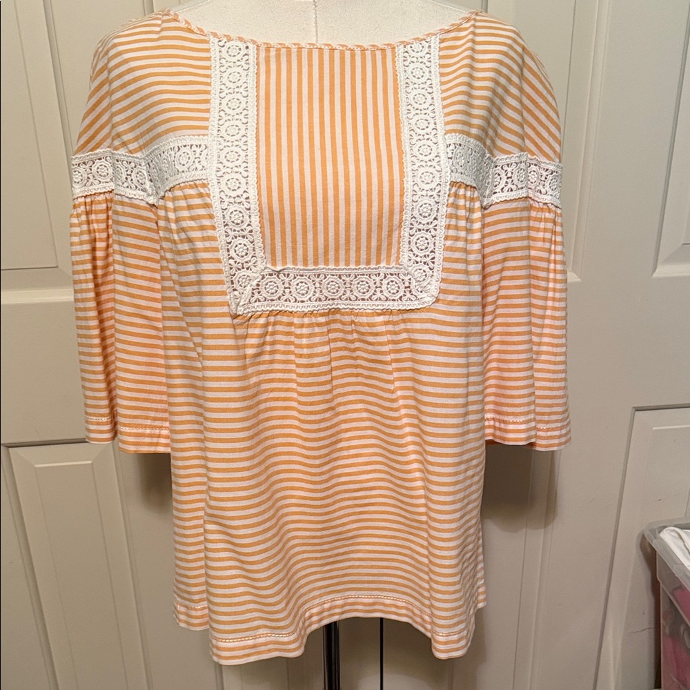 Peach Striped Lace Detail Women's Blouse